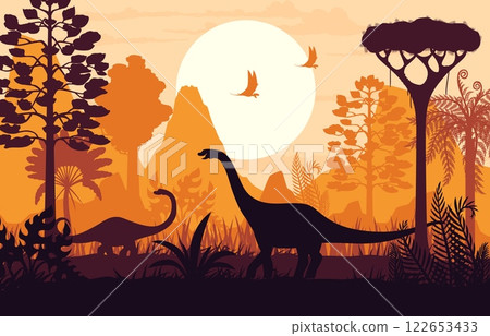 Prehistoric dinosaurs and jungle sunset silhouettes. Jurassic era flora and fauna landscape vector background with sauropod and flying dinosaurs, fern forest, mountains and setting sun silhouette Prehistoric dinosaurs and jungle sunset silhouettes. Jurassic era flora and fauna landscape vector background with sauropod and flying dinosaurs, fern forest, mountains and setting sun silhouette 122653433