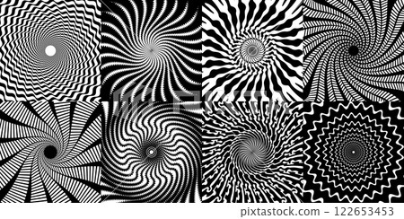 Psychedelic hypnotic spiral patterns with hypnosis swirls and optical illusion effect, vector backgrounds. Black and white geometric vortex or spin wheels in hypnotic spiral pattern of tunnel swirl 122653453