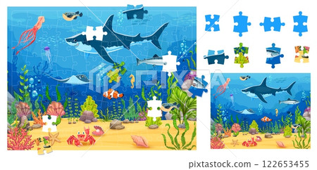 Underwater landscape, kids jigsaw puzzle logic game. Part connect vector puzzle, figure search riddle or game worksheet with corals, shark, squid, manta ray or stingray, clown fish cartoon sea animals Underwater landscape, kids jigsaw puzzle logic game. Part connect vector puzzle, figure search riddle or game worksheet with corals, shark, squid, manta ray or stingray, clown fish cartoon sea animals 122653455