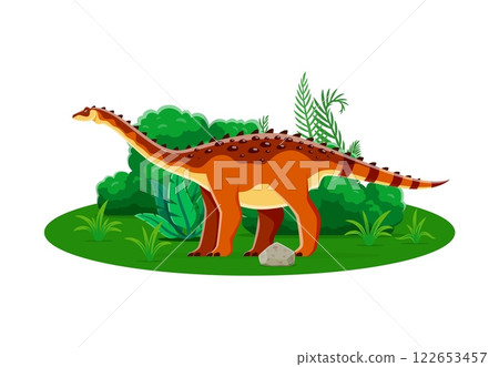 Jurassic Aegyptosaurus dinosaur cartoon character. Extinct dinosaur, paleontology reptile or prehistoric lizard funny isolated vector mascot. Jurassic era animal cheerful personage or cute character 122653457