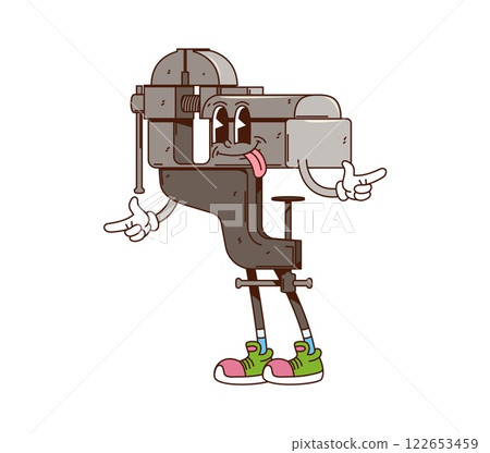 Groovy work tool or DIY and repair cartoon character of vise with funny face, vector building emoji. Groovy vise or vice work tool with happy smile and funky tongue out as retro cartoon character 122653459