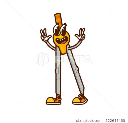 Cartoon groovy school compass stationery character, retro drawing item. Isolated vector divider tool personage with a joyful expression and funny friendly face, flashing peace signs with both hands 122653460