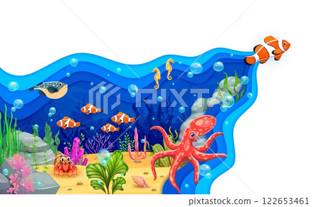 Paper cut underwater landscape with sea animals. Ocean wildlife papercut vector concept, sea life creatures 3d background. Underwater landscape backdrop with octopus, seahorse, crab and clown fishes 122653461