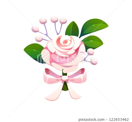 Cartoon white rose boutonniere adorned with lush green leaves, small pearls and ribbon tied into a bow. Delicate floral arrangement for wedding, marriage and valentine day, exudes elegance and romance Cartoon white rose boutonniere adorned with lush green leaves, small pearls and ribbon tied into a bow. Delicate floral arrangement for wedding, marriage and valentine day, exudes elegance and romance 122653462