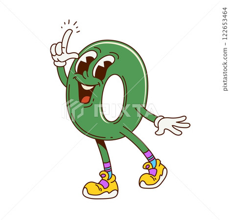 Groovy math number zero character. Mathematics numeric symbol cartoon funny character. School math digit isolated vector happy mascot or kids education number comical cute personage Groovy math number zero character. Mathematics numeric symbol cartoon funny character. School math digit isolated vector happy mascot or kids education number comical cute personage 122653464