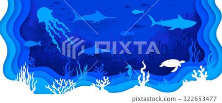 Paper cut underwater landscape. Sea life papercut vector cover, ocean wildlife or underwater nature animals paper cut background with jellyfish, shark, turtle and marlin swordfish, seahorse, seaweeds Paper cut underwater landscape. Sea life papercut vector cover, ocean wildlife or underwater nature animals paper cut background with jellyfish, shark, turtle and marlin swordfish, seahorse, seaweeds 122653477