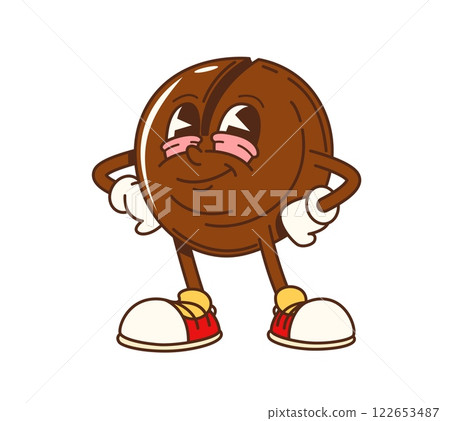 Cartoon groovy macadamia nut character with funny face, vector comic emoji. Groovy macadamia nut with funky smile in retro cartoon for nut comic emoji and food character or silly emoticon of 80s art 122653487