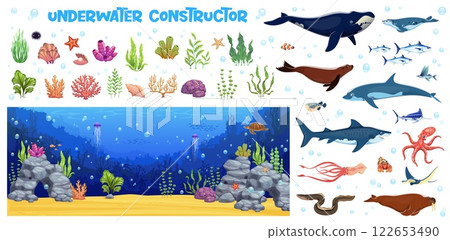 Underwater landscape constructor kids game worksheet. Sea life scene or underwater landscape elements search puzzle, constructor vector game with cartoon whale, seal, dolphin and shark, squid, seaweed Underwater landscape constructor kids game worksheet. Sea life scene or underwater landscape elements search puzzle, constructor vector game with cartoon whale, seal, dolphin and shark, squid, seaweed 122653490