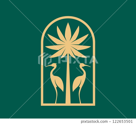 Tropical palm icon summer beach resort or hotel and SPA salon, vector emblem. Palm tree with stork or heron birds in golden arch badge for Hawaii paradise island and Oriental vacation and travel Tropical palm icon summer beach resort or hotel and SPA salon, vector emblem. Palm tree with stork or heron birds in golden arch badge for Hawaii paradise island and Oriental vacation and travel 122653501