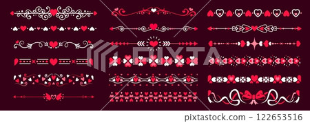 Wedding frame ornament, heart dividers, valentine borders vector set. Vibrant red and pink embellishments and trims evoke love and romance for greeting cards, invitations, stationery and decorations 122653516