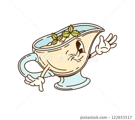 Cartoon groovy sauce character in creamer pitcher or jug bowl with funny face, vector emoji. Groovy cream sauce retro cartoon character with happy smile and winking for food dressing and cooking 122653517