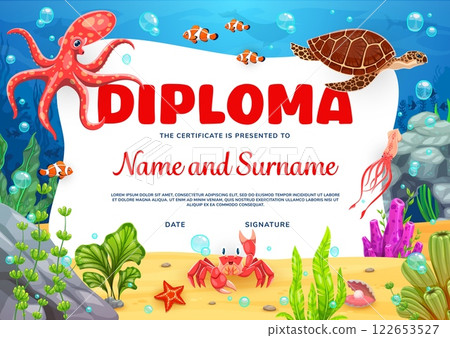 Kids diploma with sea animals and fishes in underwater, vector education certificate template. Cartoon undersea coral reef octopus with turtle and funny crab, squid and starfish for kids diploma award 122653527