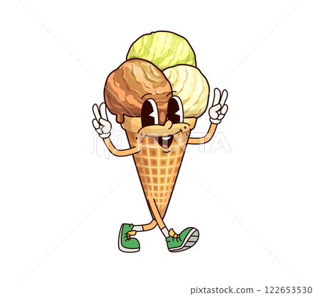 Cartoon ice cream cone groovy character. Isolated vector summer dessert personage. Funny positive waffle cone with colorful scoops and wide funky smile, exuding chill vibes and retro nostalgic charm Cartoon ice cream cone groovy character. Isolated vector summer dessert personage. Funny positive waffle cone with colorful scoops and wide funky smile, exuding chill vibes and retro nostalgic charm 122653530