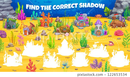 Find the correct shadow of underwater house buildings, kids game vector worksheet. Cartoon fairytale sea bottom town matching puzzle quiz with cute coral, amphora, tin can and boat underwater houses 122653534