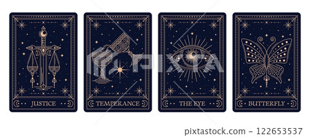 Tarot cards with esoteric and magic occult or mystic symbols in frames, vector backgrounds. Tarot cards golden frames with sacred esoteric symbols of justice, eye and temperance cup with butterfly 122653537