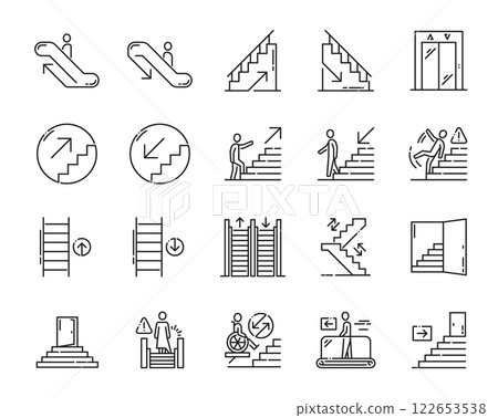 Stairs, escalator and elevator emergency exit line icons, vector up and down arrows. Stairs, emergency exit doors and wheelchair information signs for direction and attention instruction symbols Stairs, escalator and elevator emergency exit line icons, vector up and down arrows. Stairs, emergency exit doors and wheelchair information signs for direction and attention instruction symbols 122653538