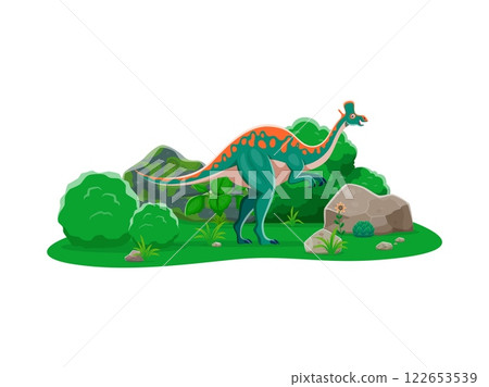 Cartoon Lambeosaurus dinosaur adorable character. Prehistoric reptile, paleontology lizard or Jurassic era animal isolated vector personage. Extinct Lambeosaurus dinosaur cute character in jungle Cartoon Lambeosaurus dinosaur adorable character. Prehistoric reptile, paleontology lizard or Jurassic era animal isolated vector personage. Extinct Lambeosaurus dinosaur cute character in jungle 122653539