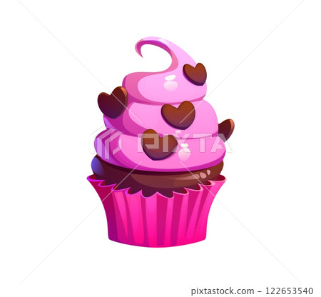 Valentine day cupcake with pink swirled frosting, adorned with chocolate hearts in bright magenta wrapper. Cartoon vector dessert as a love symbol, treat for romantic occasions or festive celebrations Valentine day cupcake with pink swirled frosting, adorned with chocolate hearts in bright magenta wrapper. Cartoon vector dessert as a love symbol, treat for romantic occasions or festive celebrations 122653540