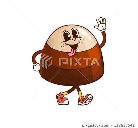Groovy chocolate candy sweet character with a playful expression, sticking out its tongue and wearing sneakers. Isolated cartoon vector pastry treat retro personage exudes fun, joy and grooviness Groovy chocolate candy sweet character with a playful expression, sticking out its tongue and wearing sneakers. Isolated cartoon vector pastry treat retro personage exudes fun, joy and grooviness 122653541