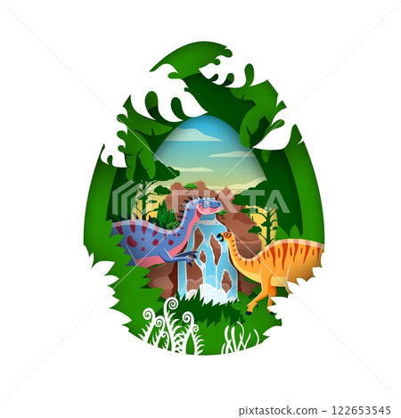 Paper cut dino egg with prehistoric dinosaurs, lizards and reptiles, vector cartoon banner. Jurassic era dinosaurs in paper cut tropical jungle forest for kids paleontology atlas or dino encyclopedia Paper cut dino egg with prehistoric dinosaurs, lizards and reptiles, vector cartoon banner. Jurassic era dinosaurs in paper cut tropical jungle forest for kids paleontology atlas or dino encyclopedia 122653545