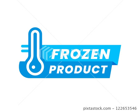 Frozen cold product blue icon with thermometer for food package, vector badge. Frozen product label for fresh meat, refrigerated food or fish and seafood package symbol or keep cold instruction Frozen cold product blue icon with thermometer for food package, vector badge. Frozen product label for fresh meat, refrigerated food or fish and seafood package symbol or keep cold instruction 122653546