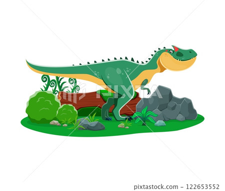 Cartoon allosaurus dinosaur character. Prehistoric animal cute personage, extinct lizard or Jurassic era carnivore dinosaur funny isolated vector character. Paleontology reptile predator on meadow Cartoon allosaurus dinosaur character. Prehistoric animal cute personage, extinct lizard or Jurassic era carnivore dinosaur funny isolated vector character. Paleontology reptile predator on meadow 122653552