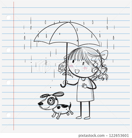 Girl and Dog Enjoying Rainy Day 122653601