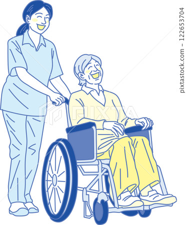 Nursing care illustration _ Smiling caregiver and elderly woman in a wheelchair _ Blue and yellow Nursing care illustration _ Smiling caregiver and elderly woman in a wheelchair _ Blue and yellow 122653704