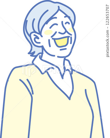 Nursing care illustration _ Smiling elderly woman _ Blue yellow Nursing care illustration _ Smiling elderly woman _ Blue yellow 122653707
