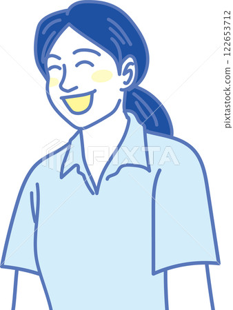 Nursing care illustration _ Smiling young caregiver _ Blue and yellow Nursing care illustration _ Smiling young caregiver _ Blue and yellow 122653712