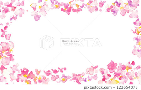 水彩畫。水彩櫻花花瓣背景。櫻花花瓣在風中飛舞的水彩畫。春天櫻花背景框架。 122654073