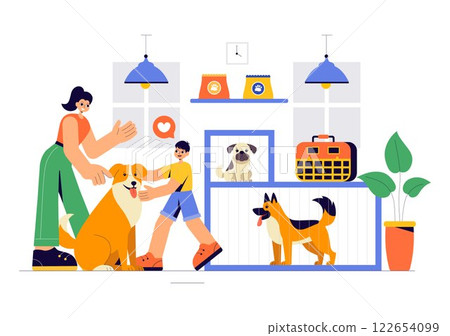 Vector Illustration of an Animal Adoption Agency Featuring Pet Adoption from a Shelter with Cats and Dogs in a Flat Cartoon Background Vector Illustration of an Animal Adoption Agency Featuring Pet Adoption from a Shelter with Cats and Dogs in a Flat Cartoon Background 122654099