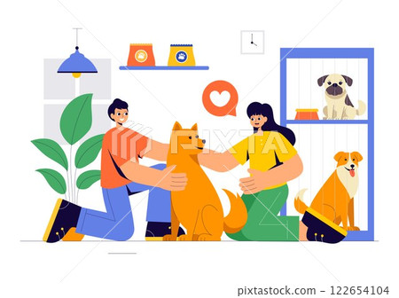 Vector Illustration of an Animal Adoption Agency Featuring Pet Adoption from a Shelter with Cats and Dogs in a Flat Cartoon Background 122654104