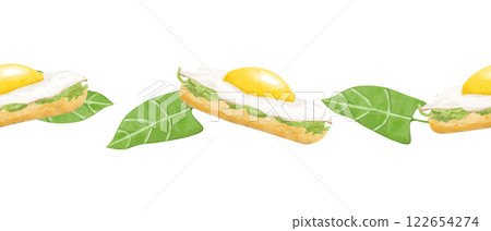 Watercolor Illustration Seamless Pattern Border with Sandwich, Fried Egg and Spinach Leaves for Printing, Textile and Web Use 122654274
