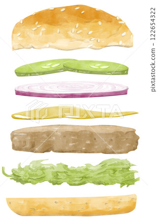 Watercolor Illustration with Burger in Flight: Bun, Pickles, Red Onion, Mustard, Patty, Lettuce for Use in Menu, Printing, Textile and Web 122654322