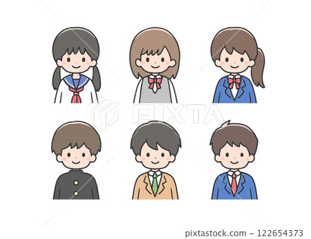 Icon set of 6 students wearing various uniforms Icon set of 6 students wearing various uniforms 122654373