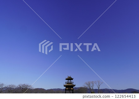 The watchtower at Karako-Kagi ruins stands out against the blue sky The watchtower at Karako-Kagi ruins stands out against the blue sky 122654413