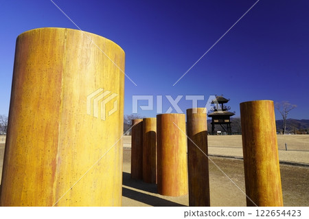 The watchtower at Karako-Kagi ruins stands out against the blue sky The watchtower at Karako-Kagi ruins stands out against the blue sky 122654423