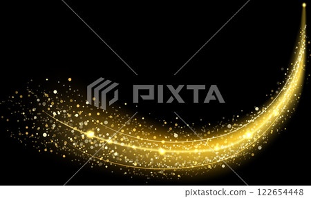 Golden glowing shiny lines effect with glitter particles creating an elegant and festive atmosphere on a black background, perfect for luxury, celebration, and holiday themed designs Golden glowing shiny lines effect with glitter particles creating an elegant and festive atmosphere on a black background, perfect for luxury, celebration, and holiday themed designs 122654448