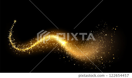 Golden, glowing spiral lines create a shiny effect, adorned with glitter particles against a rich black background, evoking a sense of luxury and festive celebration Golden, glowing spiral lines create a shiny effect, adorned with glitter particles against a rich black background, evoking a sense of luxury and festive celebration 122654457