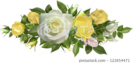 Beautiful floral arrangement featuring yellow and white roses with lush green leaves. Perfect for wedding decor, romantic settings, or nature themed designs 122654471