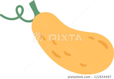 Vibrant cartoon illustration featuring a yellow squash with a green stem and curling tendril, emphasizing the vegetable s smooth texture and organic shape Vibrant cartoon illustration featuring a yellow squash with a green stem and curling tendril, emphasizing the vegetable s smooth texture and organic shape 122654497