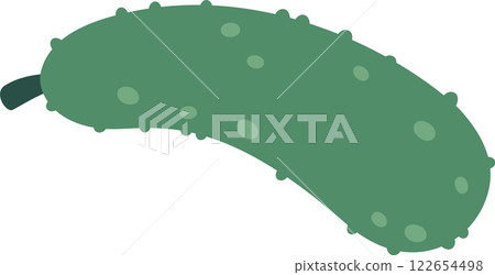 Single pickle lying horizontally with small bumps on its skin and a small, dark green stem attached to the left end, creating a simple yet detailed image of this common pickled vegetable 122654498