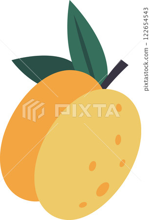 Illustration of two ripe yellow plums attached to their stem and with two green leaves, isolated on a white background, perfect for healthy eating and fruit related projects Illustration of two ripe yellow plums attached to their stem and with two green leaves, isolated on a white background, perfect for healthy eating and fruit related projects 122654543