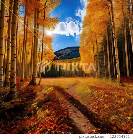 the AI Image Generator, Autumn Forest Pathway Surrounded by Vibrant Fall Foliage 122654561