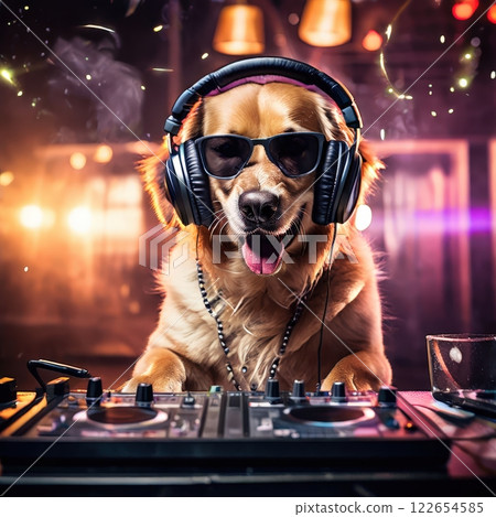 the AI Image Generator, Golden Retriever DJ Wearing Headphones and Sunglasses 122654585