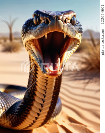 the AI Image Generator, View of a Striking Cobra Snake in Desert Habitat 122654601
