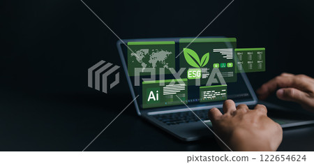 ESG environmental social governance investment business concept, Human hand using laptop to analyze ESG on screen in business investment strategy concept, Environmental and business growth together. 122654624