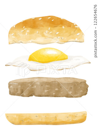 Watercolor Illustration with Burger in Flight: Bun, Fried Egg, Meat Patty for Use in Menu, Printing, Textile and Web 122654676