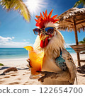 the AI Image Generator, Rooster Relaxing on Tropical Beach With Refreshing 122654700